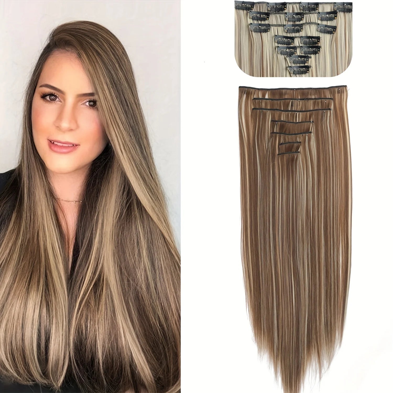 Long Straight Hairstyle 16 Clips 7Pcs/Set Hair Extensions Natural Synthetic Blonde Black Hairpieces Heat Resistant For Women