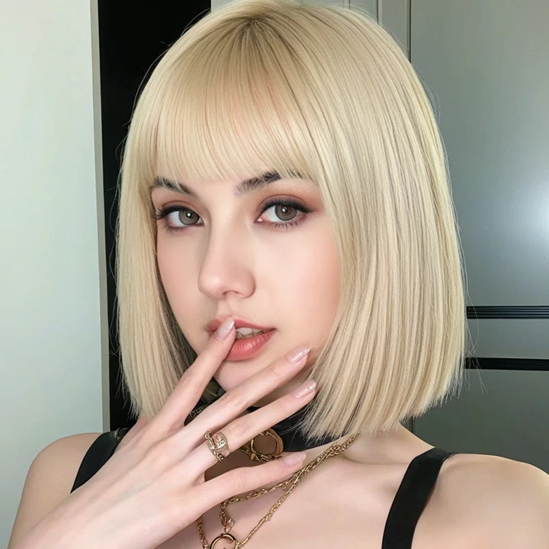 Blonde bangs wig 12 inches, high-temperature heat-resistant synthetic fiber, slimming face shape, suitable for daily wear and ro