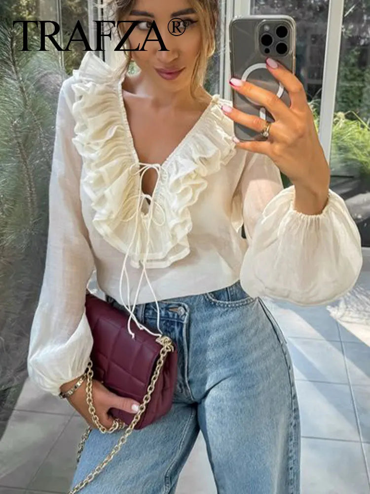 TRAFZA Elegant Women's Tierred Ruffles Blouses V-Neck Long Sleeve Loose Shirt Lady 2025 Spring Chic Lace-up Wild Woman Solid Top