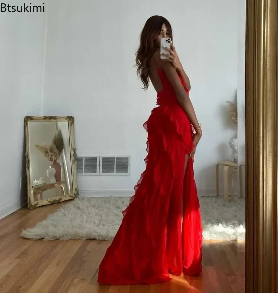 New 2025 Women's Ruffles Chiffon Maxi Dress Backlesss Split Sexy Porm Dress Red Long Summer Wedding Party Dress Elegant Vestidos