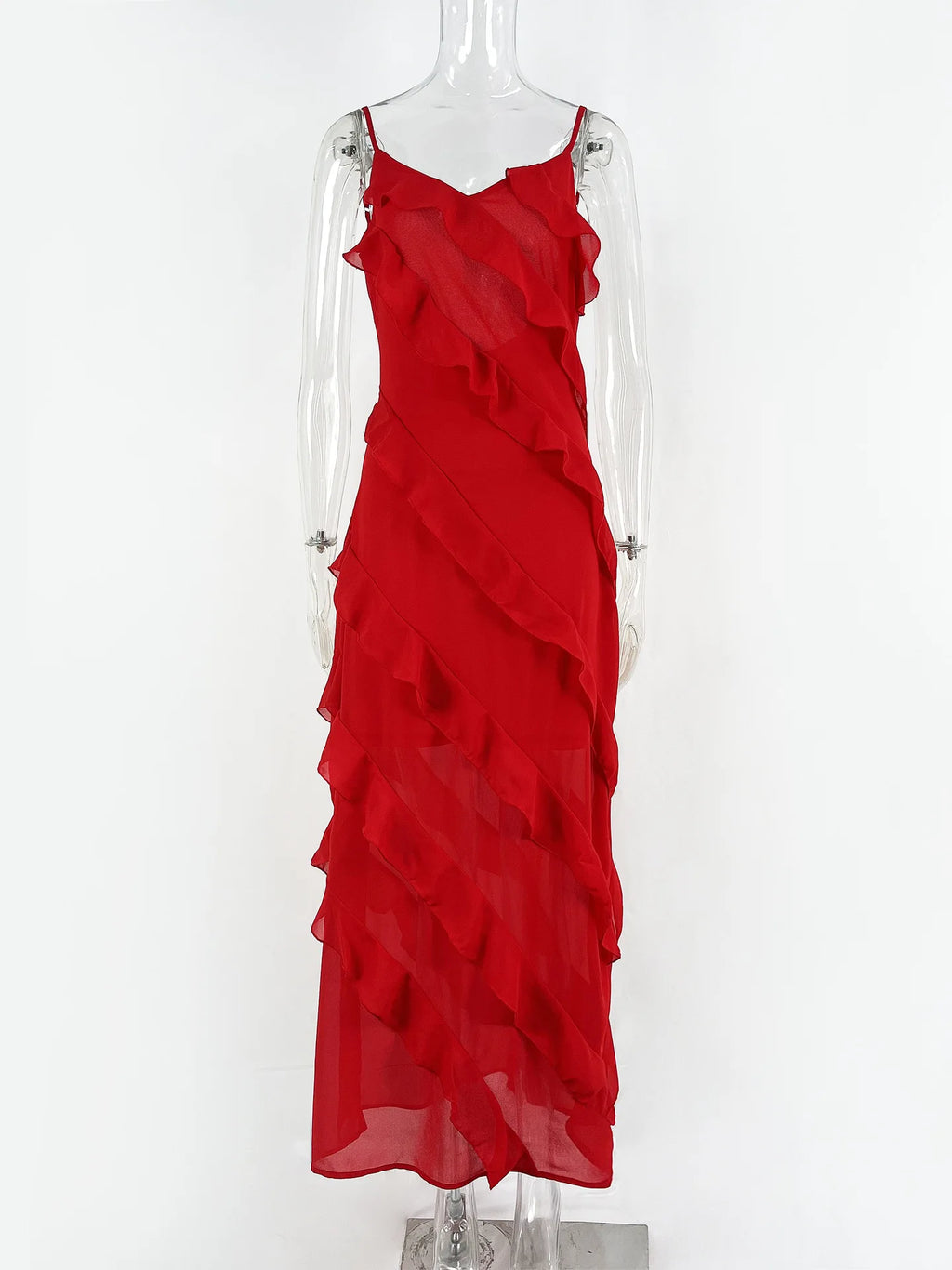 New 2025 Women's Ruffles Chiffon Maxi Dress Backlesss Split Sexy Porm Dress Red Long Summer Wedding Party Dress Elegant Vestidos
