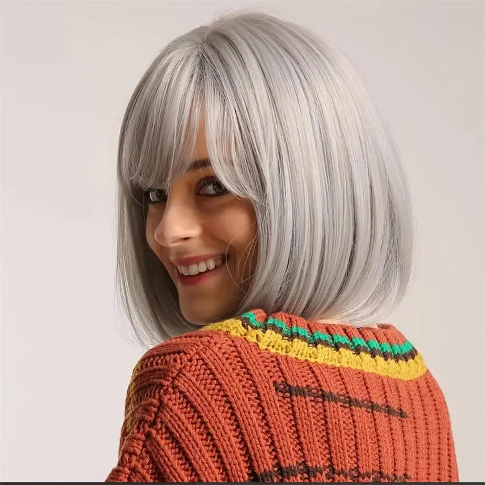 8 Inch Cute Party Grey Short Straight Synthetic Wig For Women Fashion Natural Looking Hair Replacement Wigs For Party Cosplay Ha