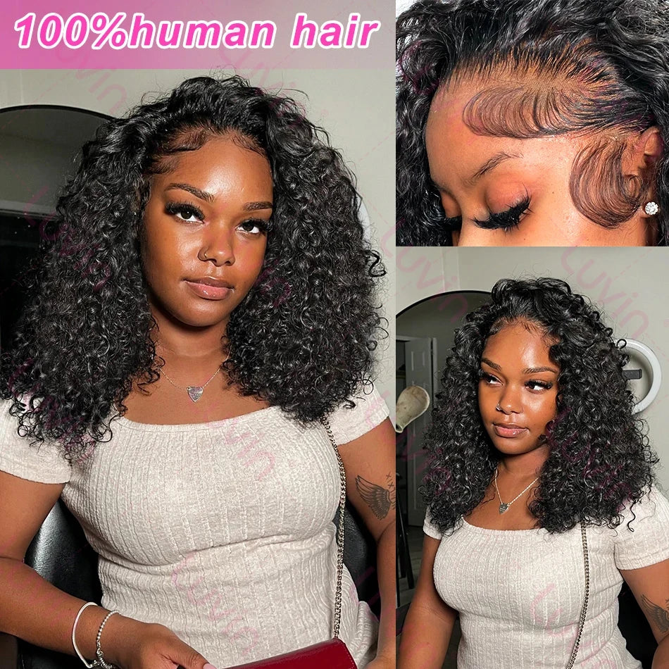 15A Kinky Curly Human Hair 3 Bundles With Closure Brazilian Virgin Hair Short Water Wave Bunldes With Frontal 13x4 Tissage
