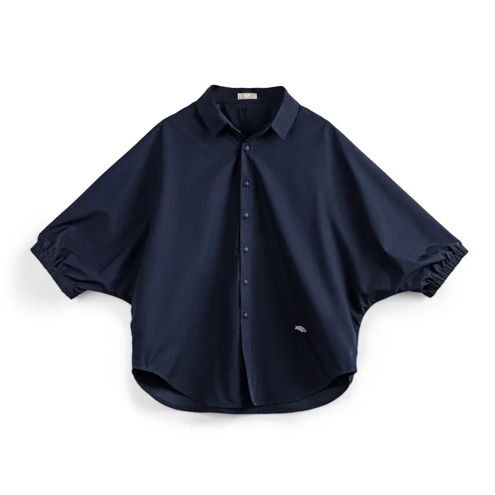Maden 3/4-sleeved Shirt for Women Loose Blouse Batwing Sleeve Casual Breathable Stand Collar Tops Spring and Summer Blue Shirt