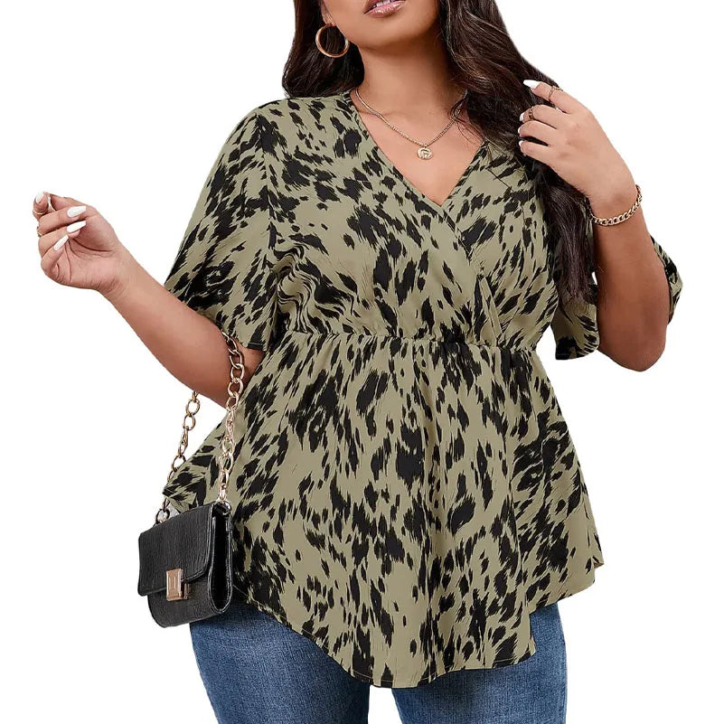 Plus Size Women's Shirts, All-Over Printed V-Neck Short-Sleeved Shirts, Elastic Waist Summer Casual Tops