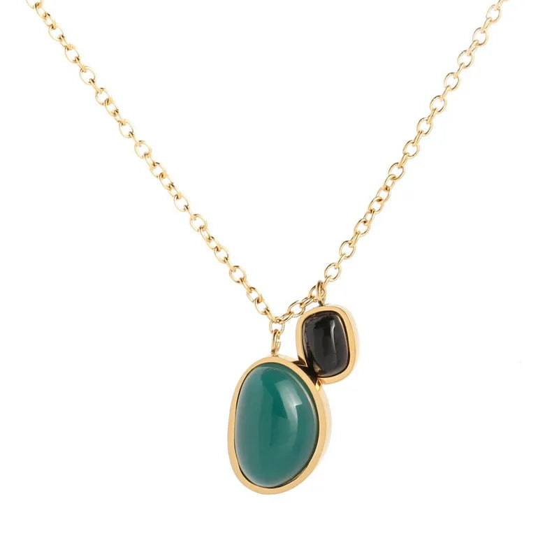DIEYURO 316L Stainless Steel Green Black Stone Pendant Necklace Earrings For Women Girl New Fashion Waterproof Jewelry Set