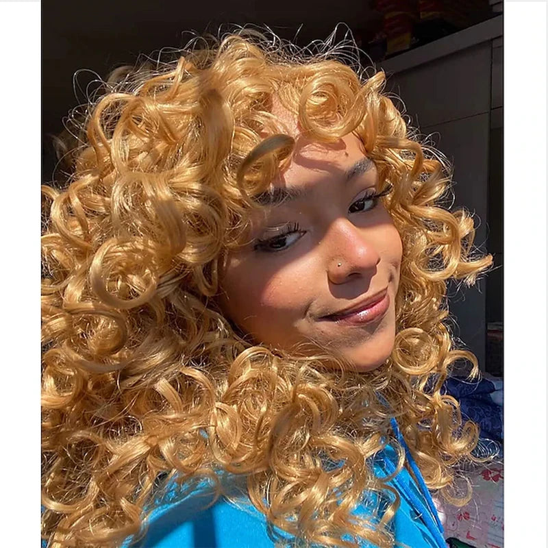 HAIRJOY Long Curly Wavy Blonde Wigs for Women  Cosplay Synthetic  Wig Heat Resistant Fiber Replacement Wig Halloween Party Wigs