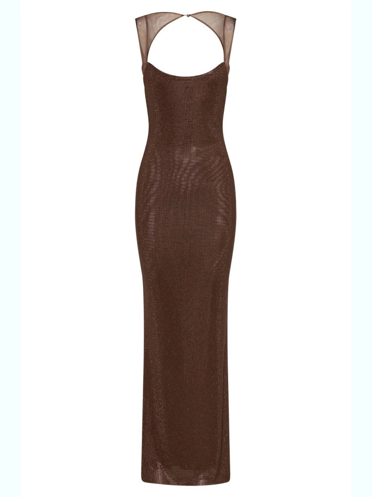 Sexy Square Collar Mesh Patchwork Diamonds Long Dress Women Backless Shiny Rhinestone Slim Dresses Evening Party Cocktail Gowns