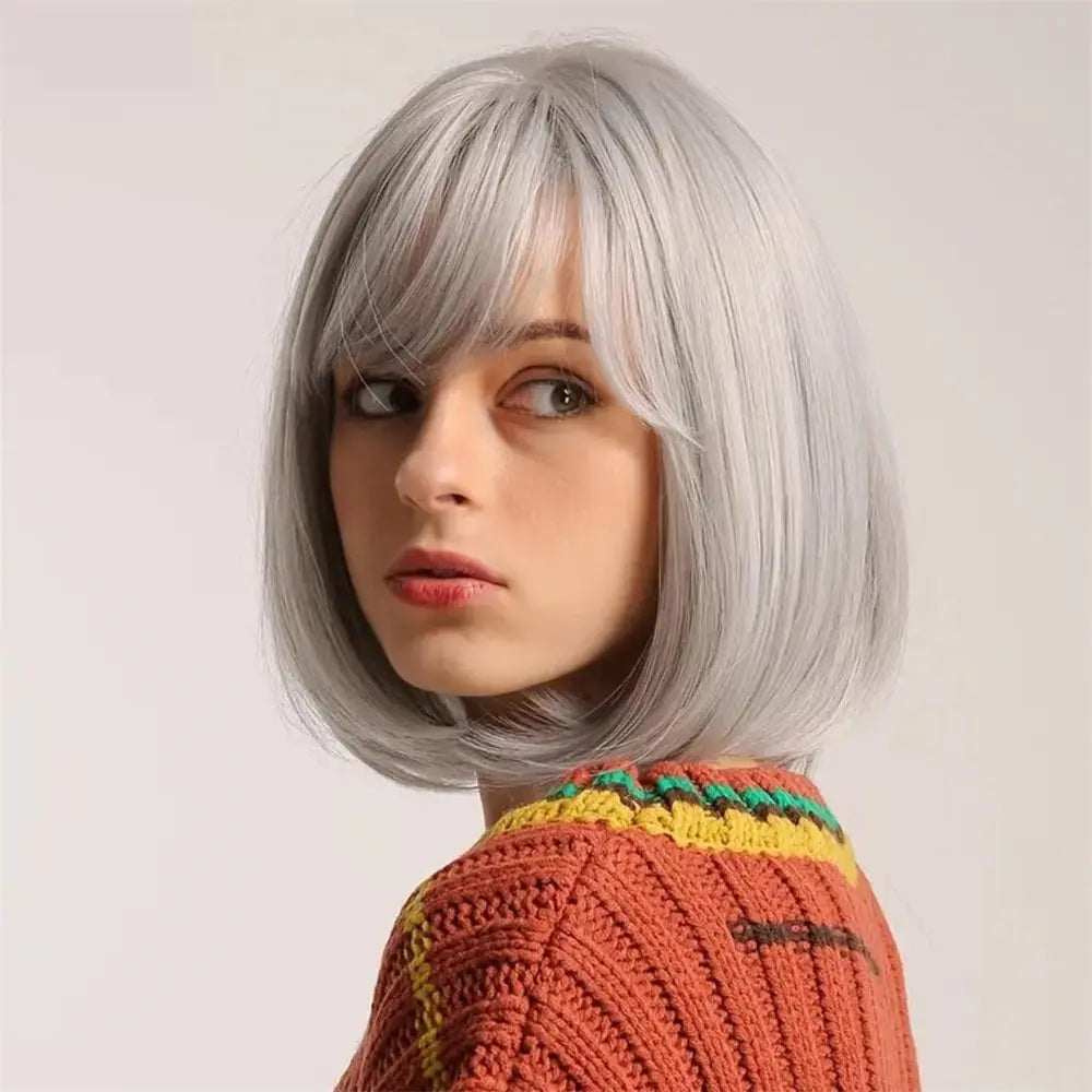 8 Inch Cute Party Grey Short Straight Synthetic Wig For Women Fashion Natural Looking Hair Replacement Wigs For Party Cosplay Ha