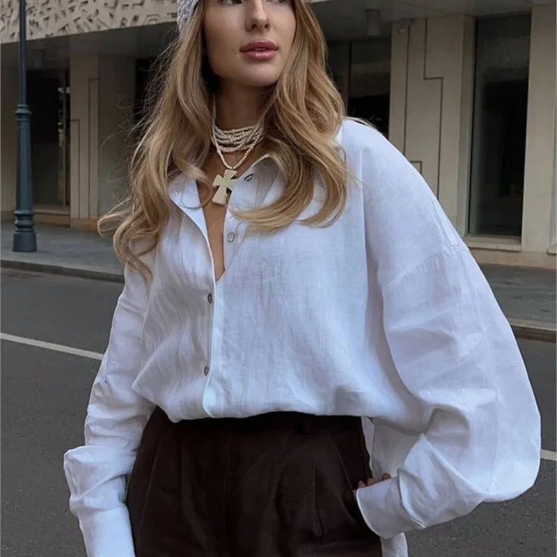 D.Nale K White Women's Shirts Elegant Long Sleeve Loose-Fitting Woman Blouse New Vintage Basic Top Collar Shirt for Women