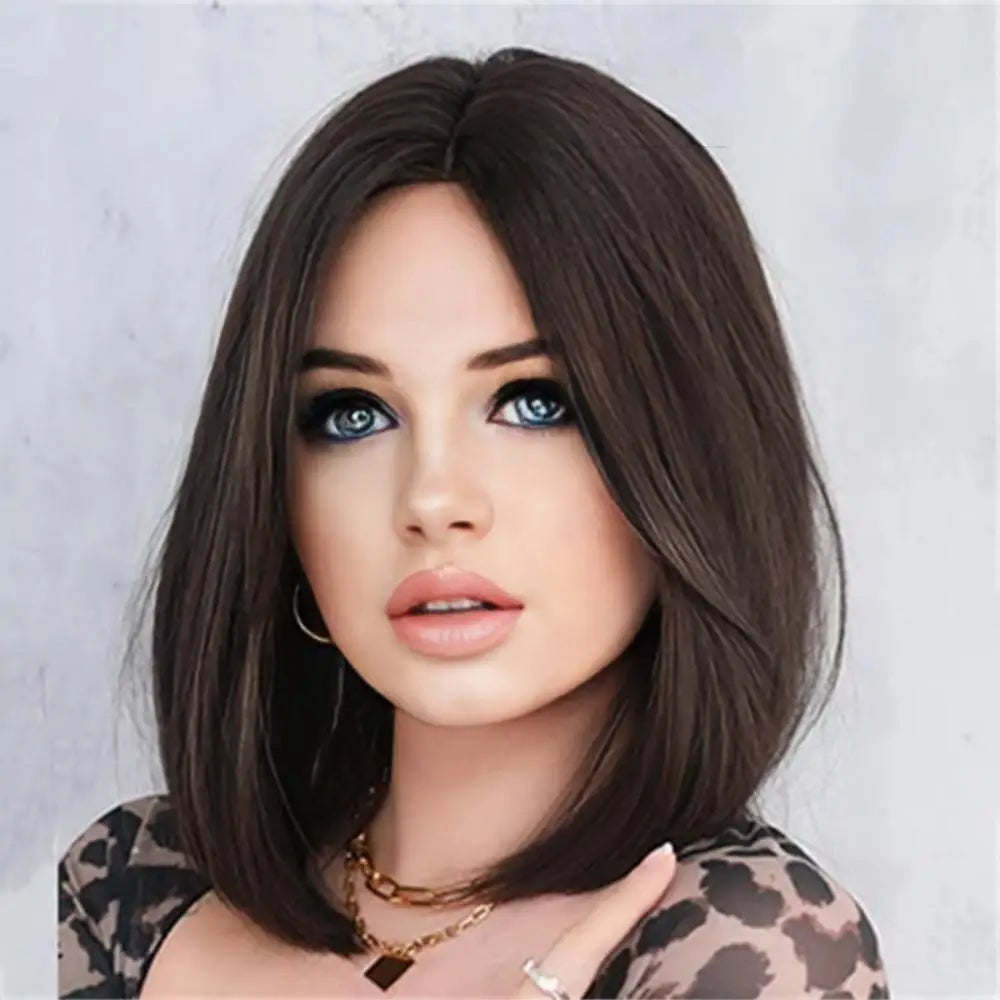 Brown Black Short Straight Synthetic Wig Women's Bob Shoulder-Length Hair Wig For Everyday Cosplay Natural Heat-Resistant Fiber