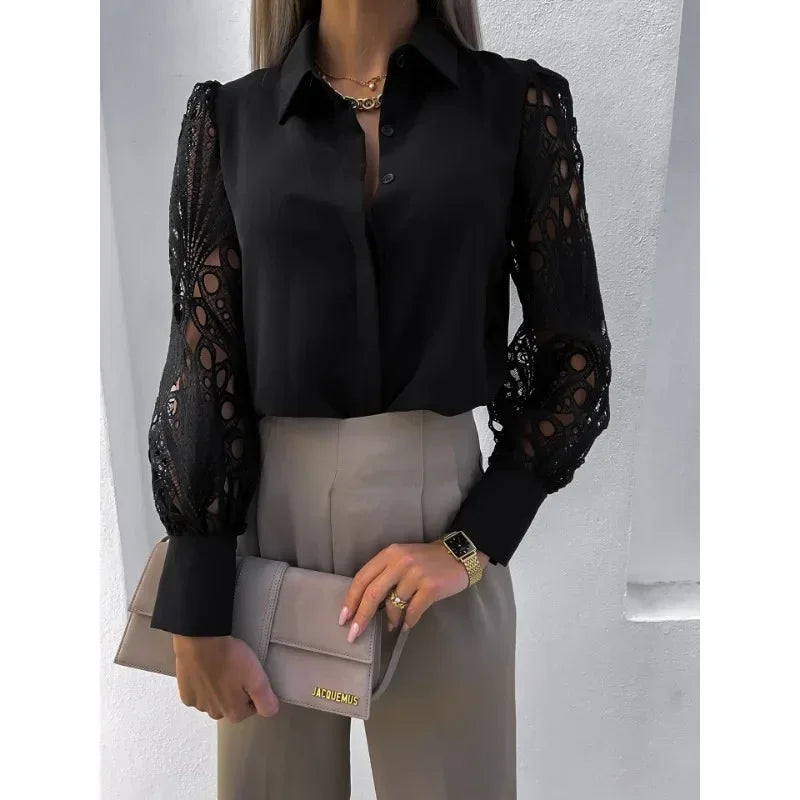 New Fashion Women's Commuter Casual Shirt Elegant Solid Color Lace Spliced Shirt Fashion Flip Collar Button Long Sleeved Shirt