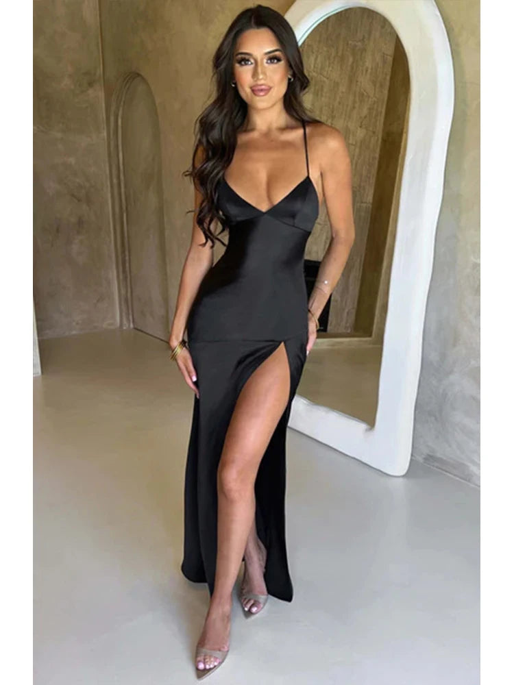 Bandage Backless Elegant Dress Split Hem Spaghetti Strap Slim Cocktail Party Club Fashion Satin Solid Lace-Up Long Dresses