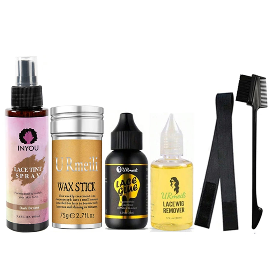 6Pcs Lace Wig Glue Kit with Lace Tint Spray Wig Installation Tool Set Includes Hair Wax Stick Lace Adhesive And Glue Remover