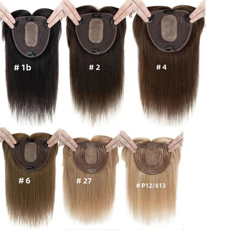 Silk Top Base Swiss Lace Clip In Topper Straight Women Toupee With Bangs Breathable And Soft Real Human Hairpiece Blonde Color