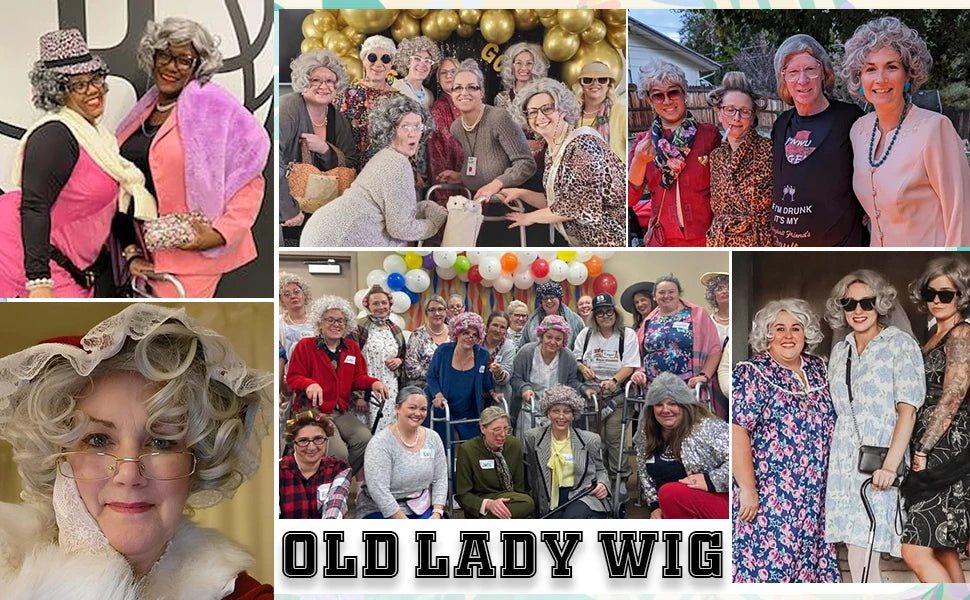 Synthetic Old Lady Wig Costume Set for Women Short Curly Grandma Wig and Glasses Silver White Granny Wig Cosplay Halloween Party