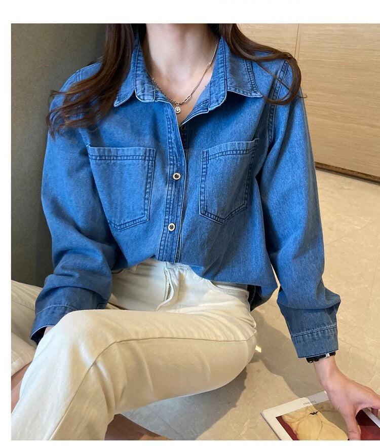 Retro Blue Shirt Denim Shirt for Women Autumn 2025 New Design Shirts Long Sleeved Solid Single Breasted Jeans Jacket for Women