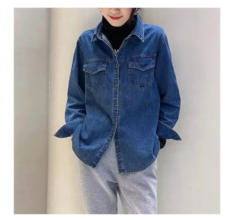 Retro Blue Shirt Denim Shirt for Women Autumn 2025 New Design Shirts Long Sleeved Solid Single Breasted Jeans Jacket for Women