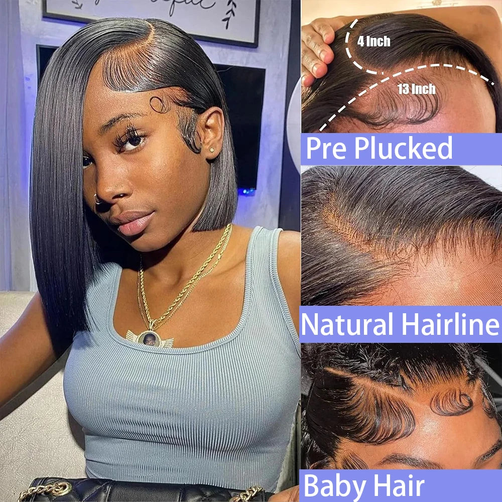 Vietnamese Bone Straight Bob Human Hair Short Wig Hair 13x4 Lace Frontal Bob Wig 100% Human Hair Preplucked Wig 12 14 inch 200%