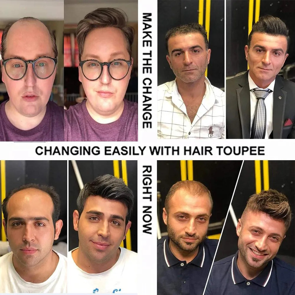Men 26mm Natural Curly Human Hair Toupee Hair Replacement Capillary Prosthesis 100% Human Hair Durable skin Base Poly Easy Wear