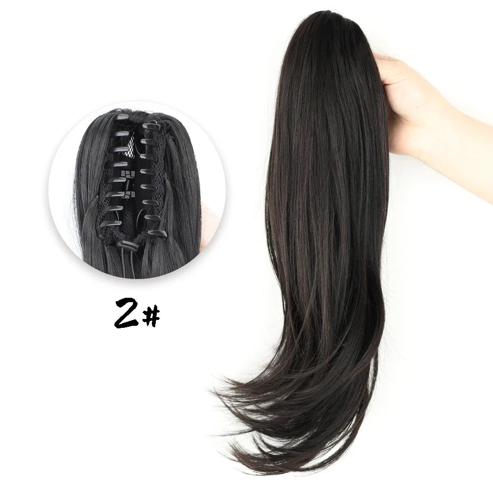 Synthetic Claw Clip Ponytail 18Inch Long Wavy Black Brown Heat Resistant Type Layered Horse Tail  Hair Extension