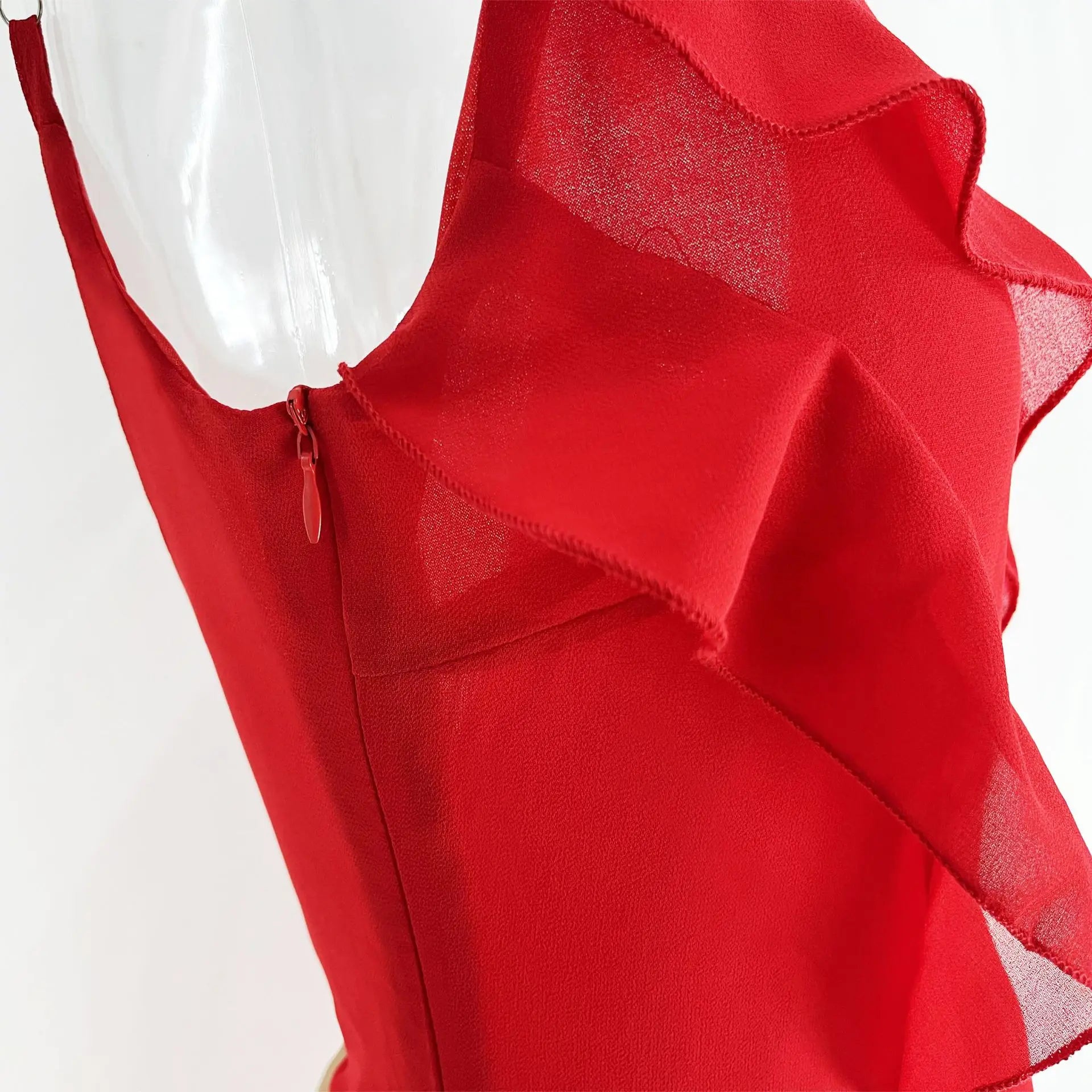 New 2025 Women's Ruffles Chiffon Maxi Dress Backlesss Split Sexy Porm Dress Red Long Summer Wedding Party Dress Elegant Vestidos