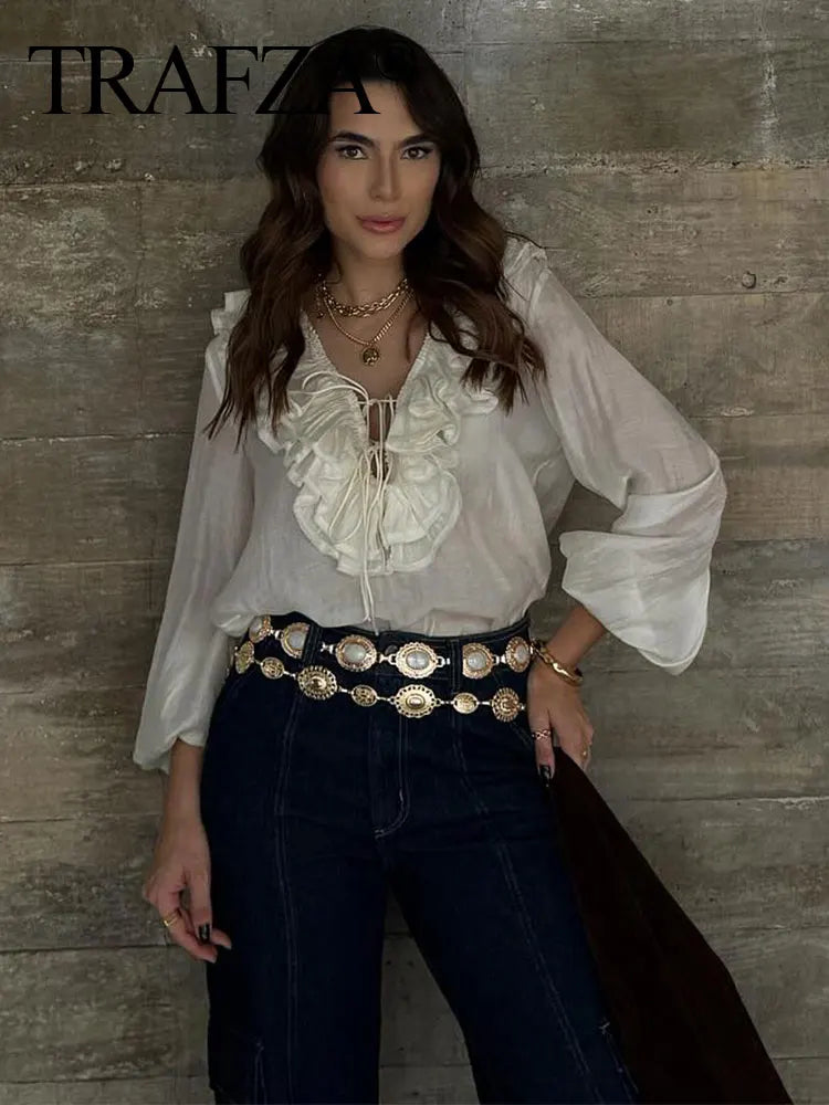 TRAFZA Elegant Women's Tierred Ruffles Blouses V-Neck Long Sleeve Loose Shirt Lady 2025 Spring Chic Lace-up Wild Woman Solid Top