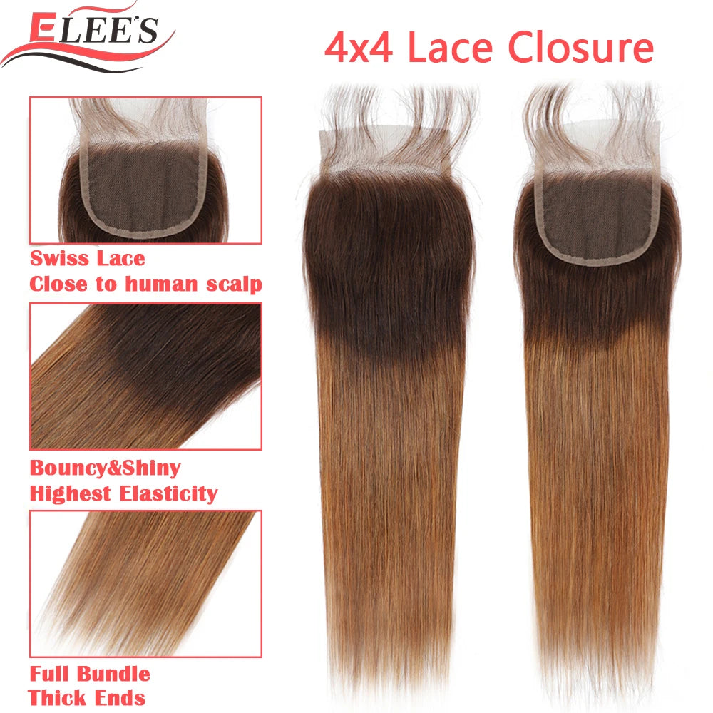 Ombre Bundles With Closure Brazilian Hair Weave Bundles With Closure Brown T4/30 Colored Human Hair Bundles With Closure