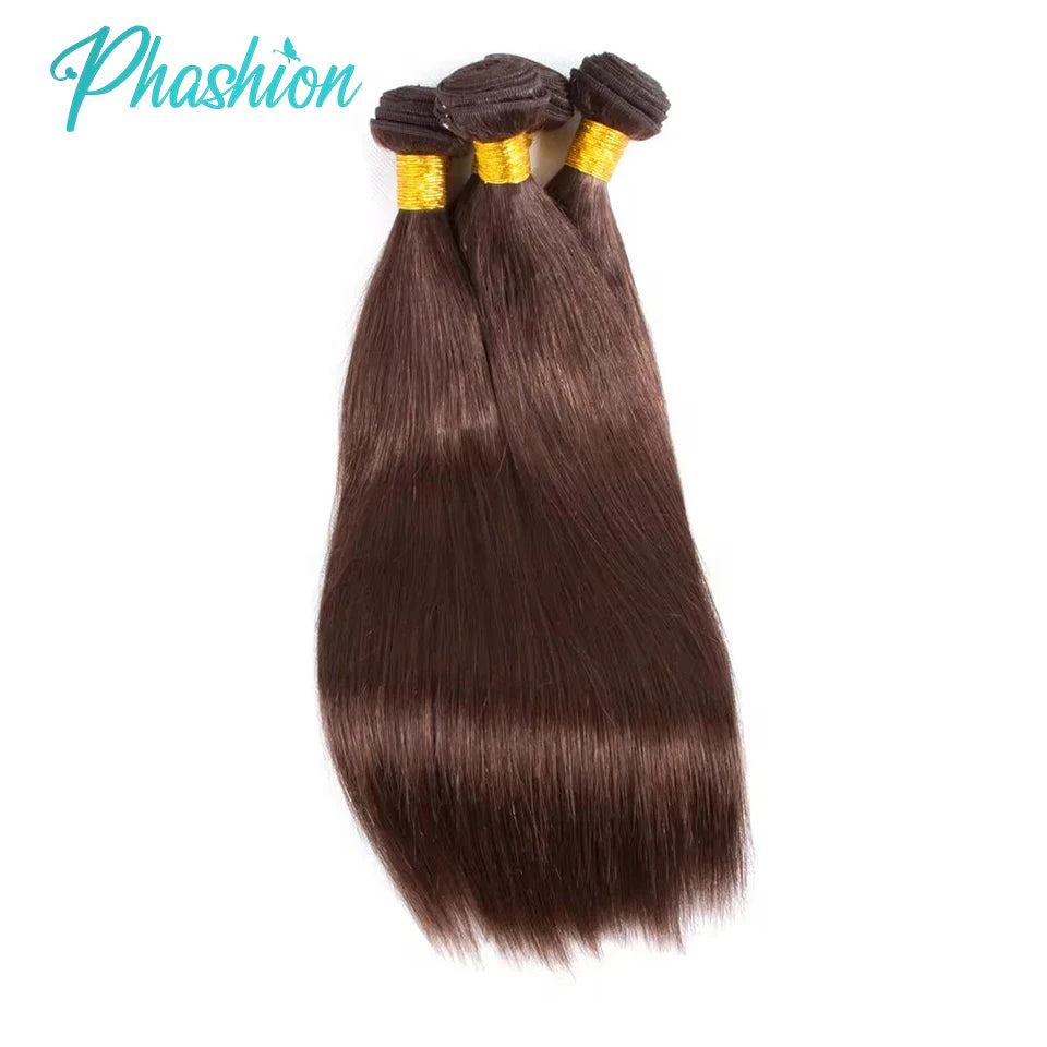 Phashion #4 Chocolate Brown  Straight Bundles Weave With 2x6 Lace Closure Human Hair Colored 100% Remy Brazilian Hair Extensions