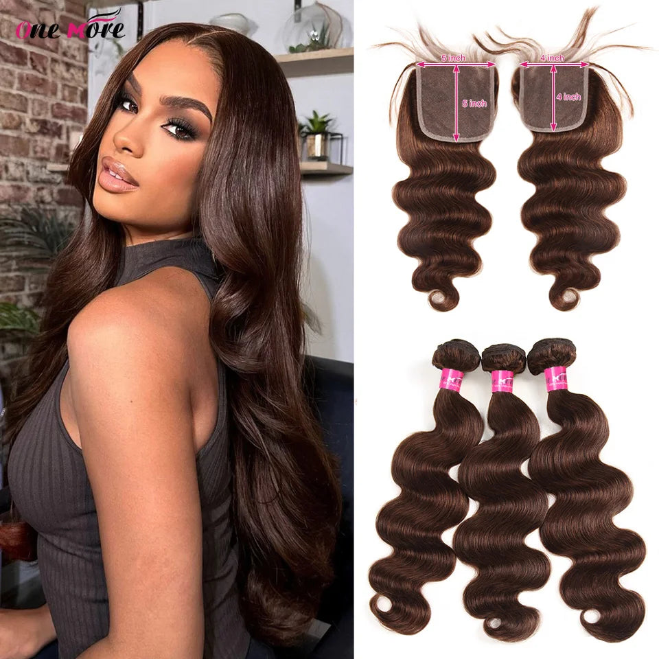 5x5 Closure With Bundles Chocolate Brown Body Wave Bundles With Closure 4x4 Ombre Colored Brown Human Hair Bundles With Closure