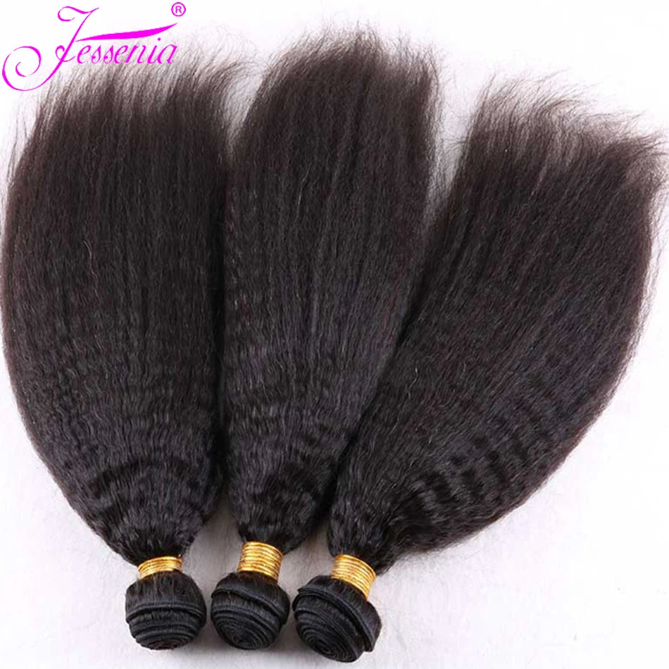Kinky Straight 100% Raw Human Hair Bundles And Closure 4X4 3Bundles Yaki Straight Hair with HD Transparent Lace Frontal Tissage
