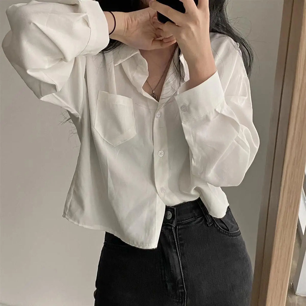 Long Sleeved Shirt And Blouse Simple Single Breasted Loose Casual Solid OL Trend Short Top Simple Elegant Fashion Women Clothes