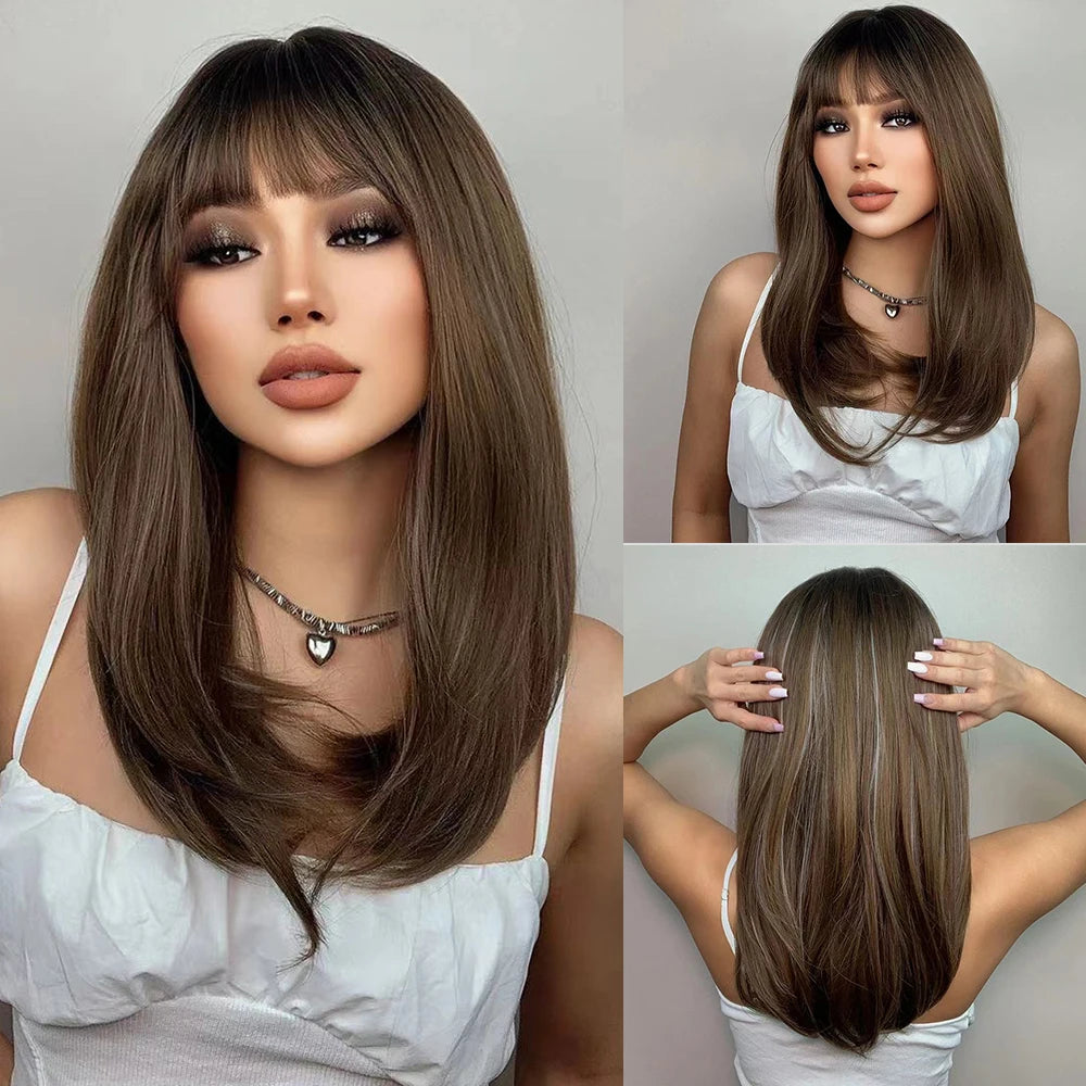 Long Straight Layered Synthetic Wig Blonde Platinum Highlight Wig with Bangs Daily Use Natural Hair Heat Resistant Wig for Women