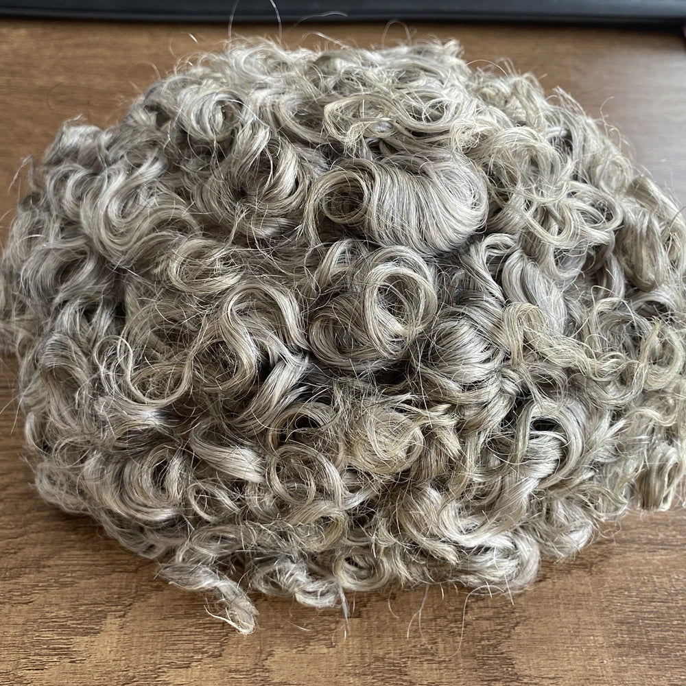 Men 26mm Natural Curly Human Hair Toupee Hair Replacement Capillary Prosthesis 100% Human Hair Durable skin Base Poly Easy Wear
