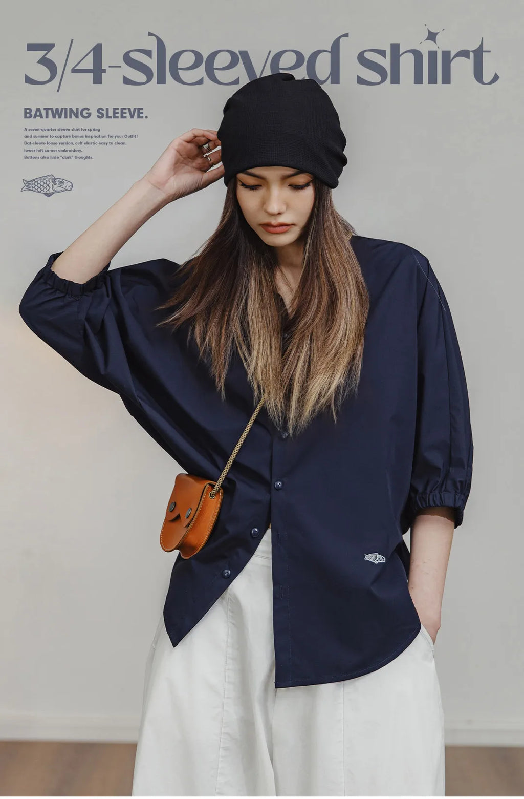 Maden 3/4-sleeved Shirt for Women Loose Blouse Batwing Sleeve Casual Breathable Stand Collar Tops Spring and Summer Blue Shirt