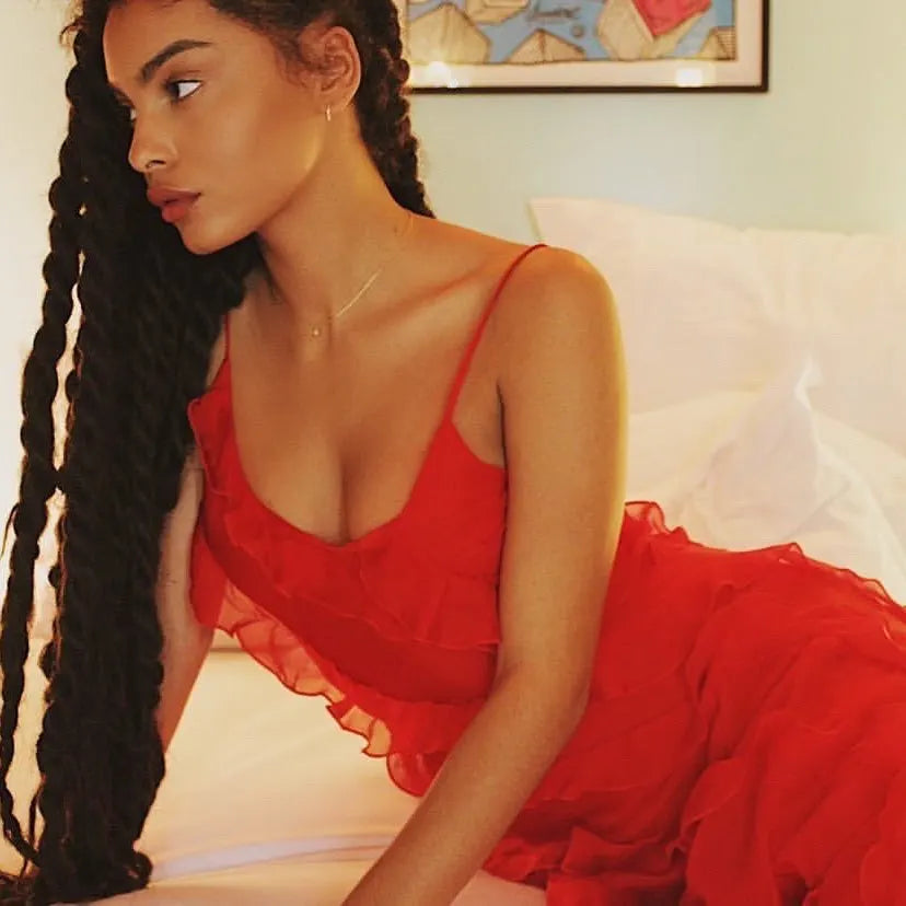 New 2025 Women's Ruffles Chiffon Maxi Dress Backlesss Split Sexy Porm Dress Red Long Summer Wedding Party Dress Elegant Vestidos