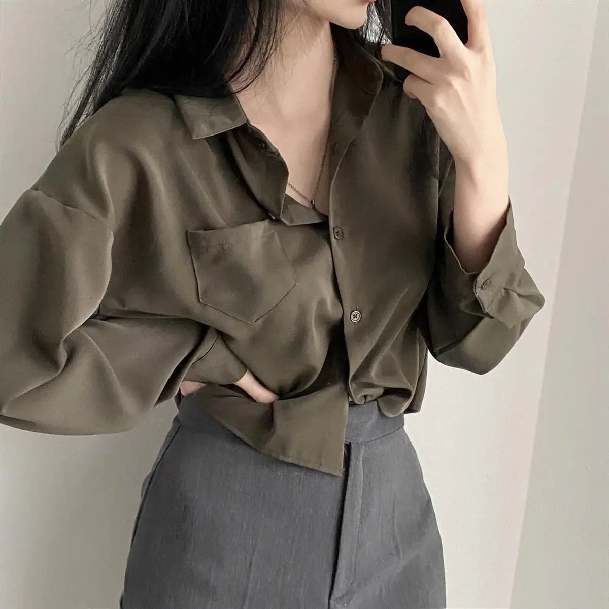 Long Sleeved Shirt And Blouse Simple Single Breasted Loose Casual Solid OL Trend Short Top Simple Elegant Fashion Women Clothes