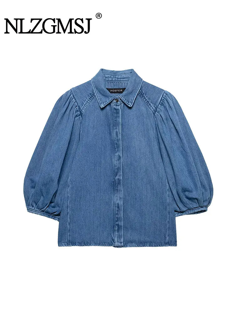 TRAFNLZGMSJ 2025 Spring Summer Casual Women's Denim Blouse Collar Single Breasted Loose Blouse New Fashion Shirts