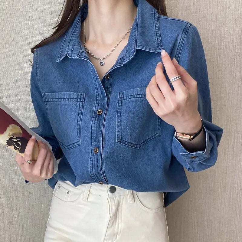 Retro Blue Shirt Denim Shirt for Women Autumn 2025 New Design Shirts Long Sleeved Solid Single Breasted Jeans Jacket for Women
