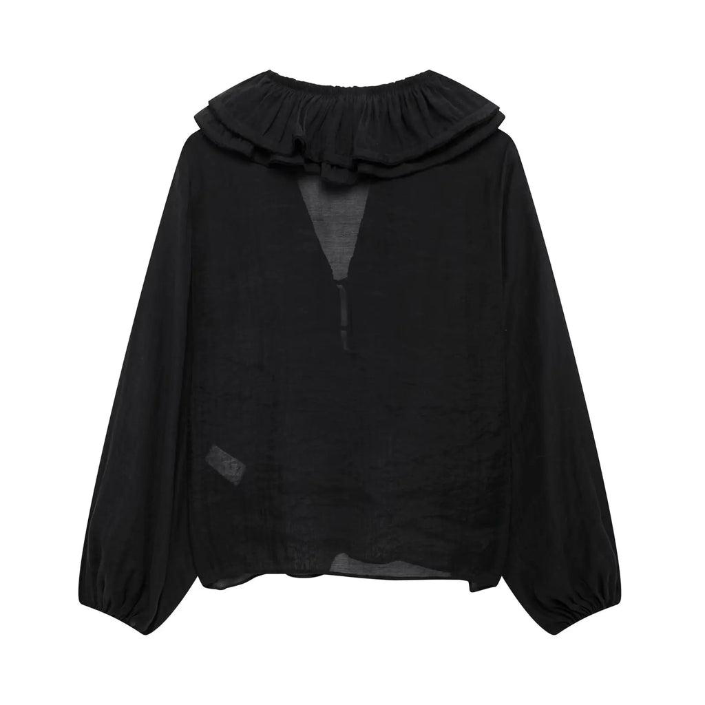TRAFZA Elegant Women's Tierred Ruffles Blouses V-Neck Long Sleeve Loose Shirt Lady 2025 Spring Chic Lace-up Wild Woman Solid Top
