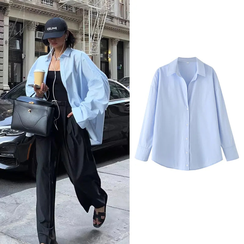 HXAO 2025 Shirts Blouses New Long Striped Shirt Women Long Sleeve Casual Shirts Large Tops Summer Plain Button Up Shirts 088