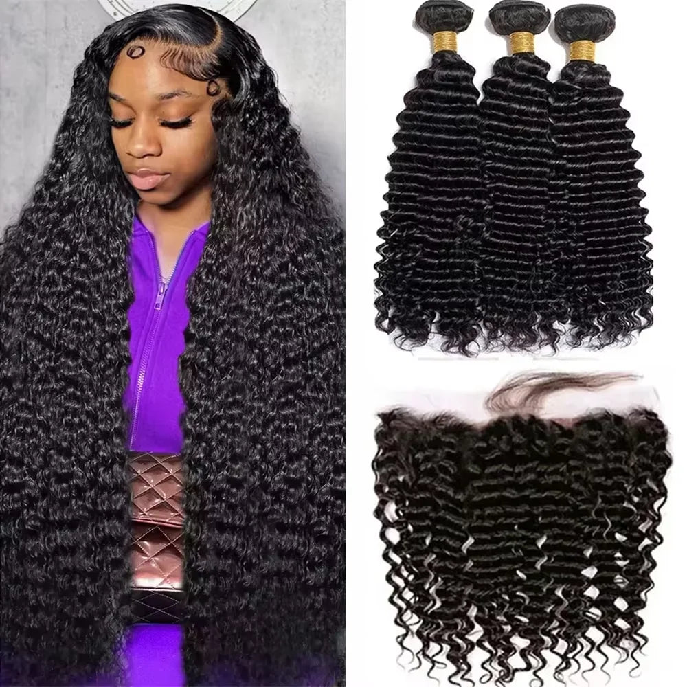 Burmese Curly Deep Wave Human Hair Bundles With 13X4 Frontal Closure Bundle Deals 100% Raw Human Hair Weaving Curly Hair Bundle