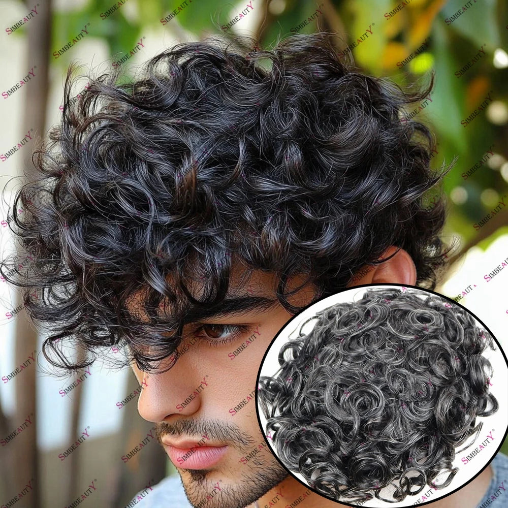 Men 26mm Natural Curly Human Hair Toupee Hair Replacement Capillary Prosthesis 100% Human Hair Durable skin Base Poly Easy Wear