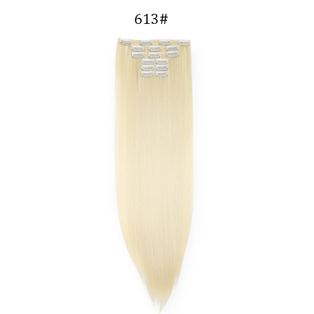 24 inches Synthetic Long Straight Hairstyle 16 Clips 6Pcs/Set Hair Extensions Blonde Black Hairpieces Heat Resistant For Women