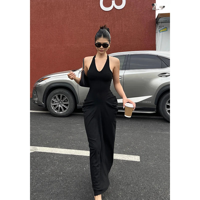 Spicy Girl V-neck Hanging Neck Sleeveless Dress Elegant Women's Summer New High Waist Slim Pleated Wrapped Hip Dresses ORPT