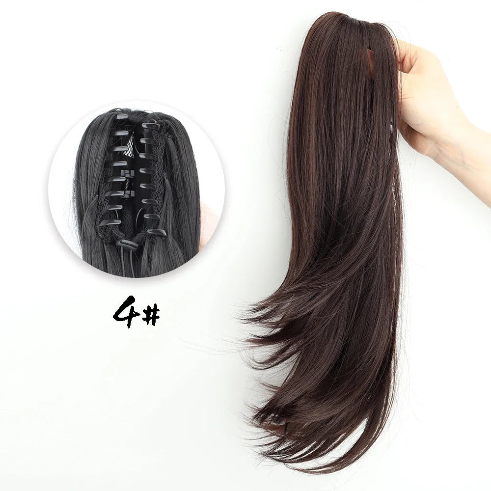 Synthetic Claw Clip Ponytail 18Inch Long Wavy Black Brown Heat Resistant Type Layered Horse Tail  Hair Extension