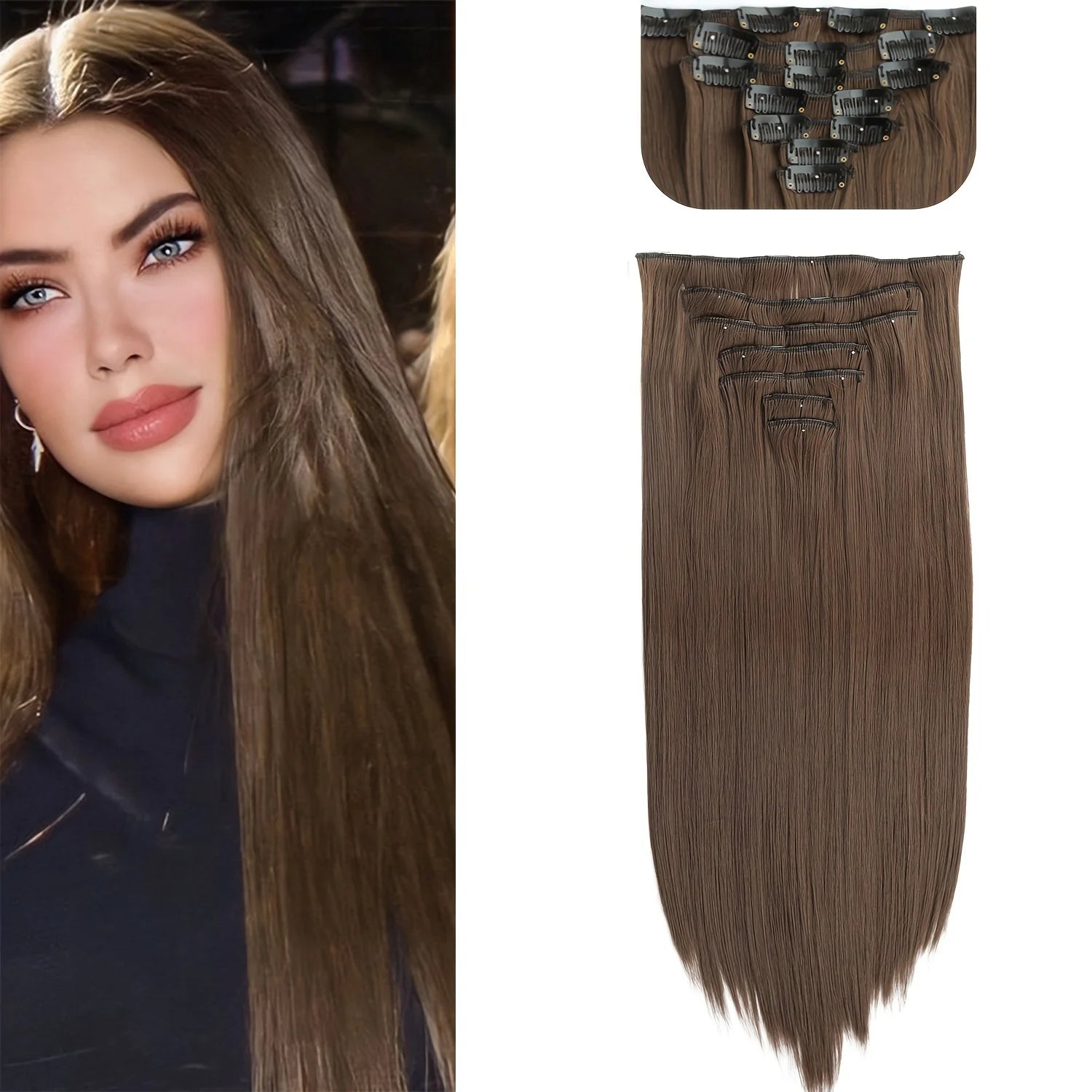 Long Straight Hairstyle 16 Clips 7Pcs/Set Hair Extensions Natural Synthetic Blonde Black Hairpieces Heat Resistant For Women