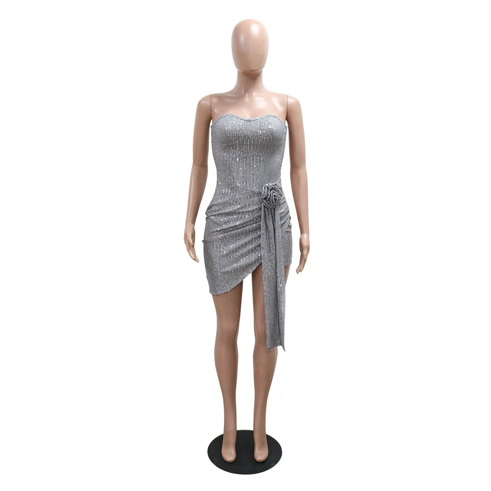 Strapless Sexy Sequin Dress Women Party Dresses Sleeveless Bodycon Vestidos Slim Night Club High Waist Knee Length Patchwork