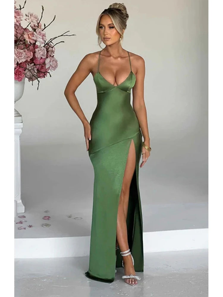 Bandage Backless Elegant Dress Split Hem Spaghetti Strap Slim Cocktail Party Club Fashion Satin Solid Lace-Up Long Dresses