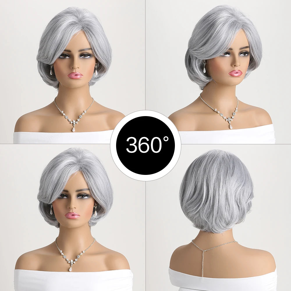 Short Natural Wigs with Bangs Soft Mommy Hair Daily Use Short  Grey Ombre Curly Synthetic Hair Costume Party Wig for Women